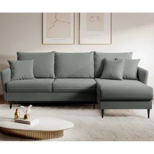 Hoekbank – 223 cm – met slaapfunctie – hydrofoob fluweel – grijs – zwarte poten – VOLIO Hoekbank – 223 cm – met slaapfunctie – hydrofoob fluweel – grijs – zwarte poten – VOLIO