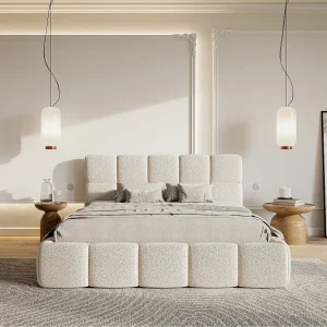 Gestoffeerd bed – 160×200 cm – lichtbeige boucle – CLOUDY
