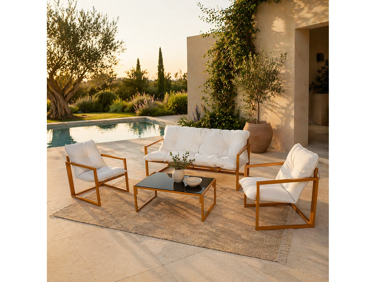 Hedendaagse 5-zits tuinset in bruin met beige kussens