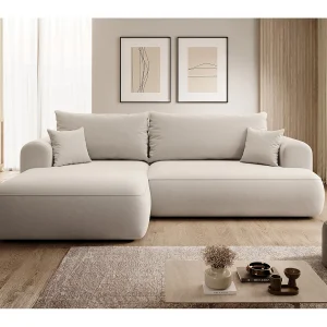 Hoekbank – 260 cm – met L-vormige slaapfunctie – met opbergruimte – lichtbeige fluweel – linkerzijde – OVO Hoekbank – 260 cm – met L-vormige slaapfunctie – met opbergruimte – lichtbeige fluweel – linkerzijde – OVO