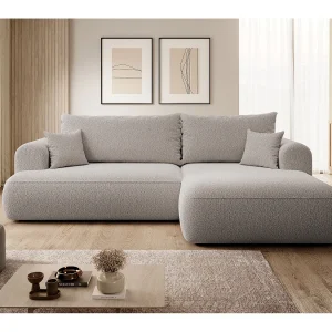 Hoekbank – 260 cm – met L-vormige slaapfunctie – met opbergruimte – donkerbeige bouclé – rechterkant – OVO Hoekbank – 260 cm – met L-vormige slaapfunctie – met opbergruimte – donkerbeige bouclé – rechterkant – OVO