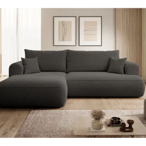 Hoekbank – 260 cm – met L-vormige slaapfunctie – met opbergruimte – donkergrijs bouclé – linkerzijde – OVO Hoekbank – 260 cm – met L-vormige slaapfunctie – met opbergruimte – donkergrijs bouclé – linkerzijde – OVO