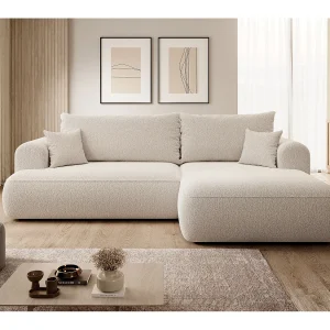 Hoekbank – 260 cm – met L-vormige slaapfunctie – met opbergruimte – beige boucle – rechterkant – OVO Hoekbank – 260 cm – met L-vormige slaapfunctie – met opbergruimte – beige boucle – rechterkant – OVO