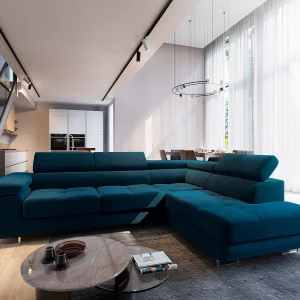 Hoekbank SELVA van fluweel met slaapfunctie Blau