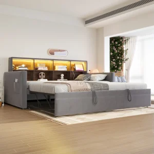 Gestoffeerde slaapbank – 90 x 190 cm – met uitschuifbaar bed 90 x 190 cm + opbergruimte in het hoofdeinde + LED-verlichting – fluweel – grijs Gestoffeerde slaapbank – 90 x 190 cm – met uitschuifbaar bed 90 x 190 cm + opbergruimte in het hoofdeinde + LED-verlichting – fluweel – grijs
