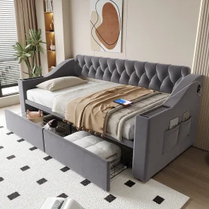 Gestoffeerde slaapbank voor kinderen – 90 x 190 cm – met opbergruimte in de armleuningen + USB-poort + 2 lades – fluweel – grijs Gestoffeerde slaapbank voor kinderen – 90 x 190 cm – met opbergruimte in de armleuningen + USB-poort + 2 lades – fluweel – grijs
