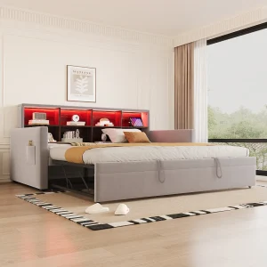 Gestoffeerde slaapbank – 90 x 190 cm – met uitschuifbaar bed 90 x 190 cm + opbergruimte in het hoofdeinde + LED-verlichting – fluweel – lichtgrijs Gestoffeerde slaapbank – 90 x 190 cm – met uitschuifbaar bed 90 x 190 cm + opbergruimte in het hoofdeinde + LED-verlichting – fluweel – lichtgrijs