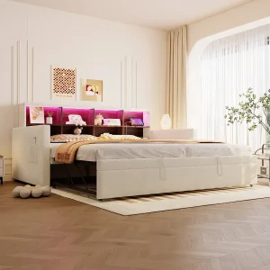 Gestoffeerde slaapbank – 90 x 190 cm – met uitschuifbaar bed 90 x 190 cm + opbergruimte in het hoofdeinde + LED-verlichting – fluweel – beige Gestoffeerde slaapbank – 90 x 190 cm – met uitschuifbaar bed 90 x 190 cm + opbergruimte in het hoofdeinde + LED-verlichting – fluweel – beige
