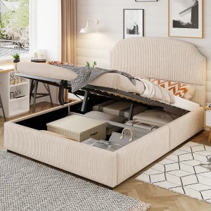 Gestoffeerd opbergbed – 140 x 200 cm – met hydraulische opbergruimte + hoofdbord – MDF + metaal + multiplex – beige Gestoffeerd opbergbed – 140 x 200 cm – met hydraulische opbergruimte + hoofdbord – MDF + metaal + multiplex – beige
