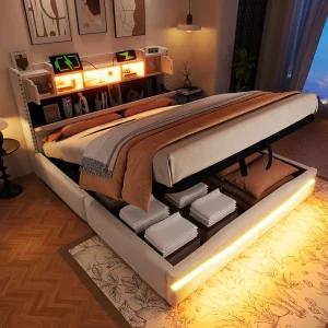 Gestoffeerd opbergbed – 160 x 200 cm – met USB-C + LED-verlichting – hoofdbord met opbergruimte – linnen + MDF – beige Gestoffeerd opbergbed – 160 x 200 cm – met USB-C + LED-verlichting – hoofdbord met opbergruimte – linnen + MDF – beige
