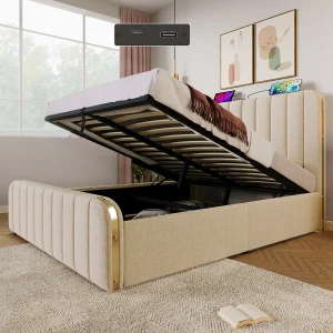 Gestoffeerd tweepersoonsbed met opbergruimte – 160 x 200 cm – met hoofdbord + USB Type-C + hydraulische opbergruimte – linnen – beige Gestoffeerd tweepersoonsbed met opbergruimte – 160 x 200 cm – met hoofdbord + USB Type-C + hydraulische opbergruimte – linnen – beige