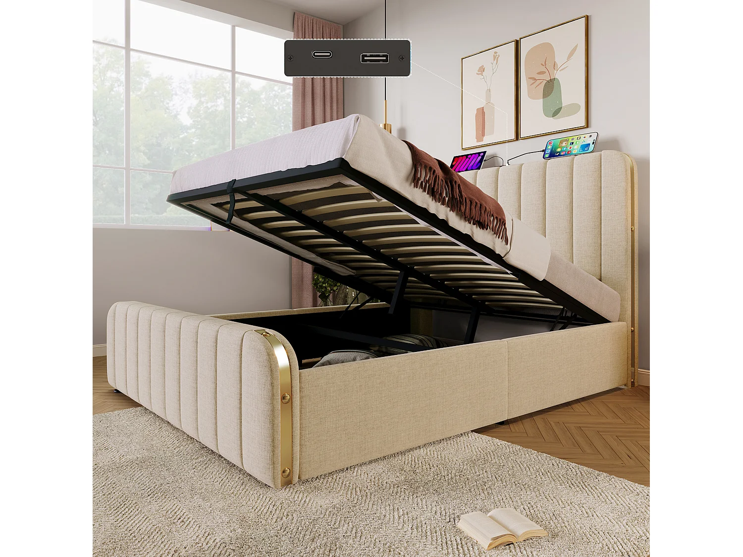 Gestoffeerd tweepersoonsbed met opbergruimte - 160 x 200 cm - met hoofdbord + USB Type-C + hydraulische opbergruimte - linnen - beige