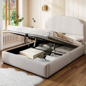 Gestoffeerd opbergbed – 140 x 200 cm – met hydraulische opbergruimte + hoofdbord – MDF + metaal + multiplex – Wit + Antraciet Gestoffeerd opbergbed – 140 x 200 cm – met hydraulische opbergruimte + hoofdbord – MDF + metaal + multiplex – Wit + Antraciet