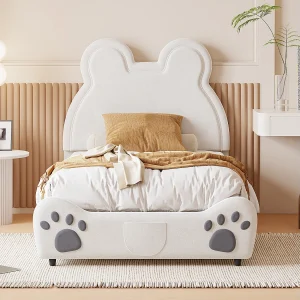 Gestoffeerd bed met hoofdeinde 90 x 200 cm – Beervorm – Fluweel – Wit Gestoffeerd bed met hoofdeinde 90 x 200 cm – Beervorm – Fluweel – Wit