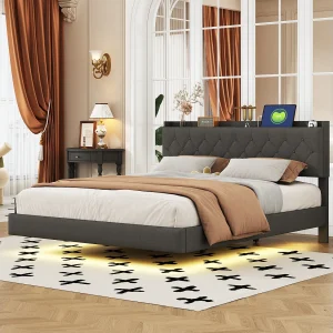 Gestoffeerd bed 160 x 200 cm met hoofdeinde – USB-aansluiting en LED's – Linnenstof – Grijs (zonder matras) Gestoffeerd bed 160 x 200 cm met hoofdeinde – USB-aansluiting en LED's – Linnenstof – Grijs (zonder matras)