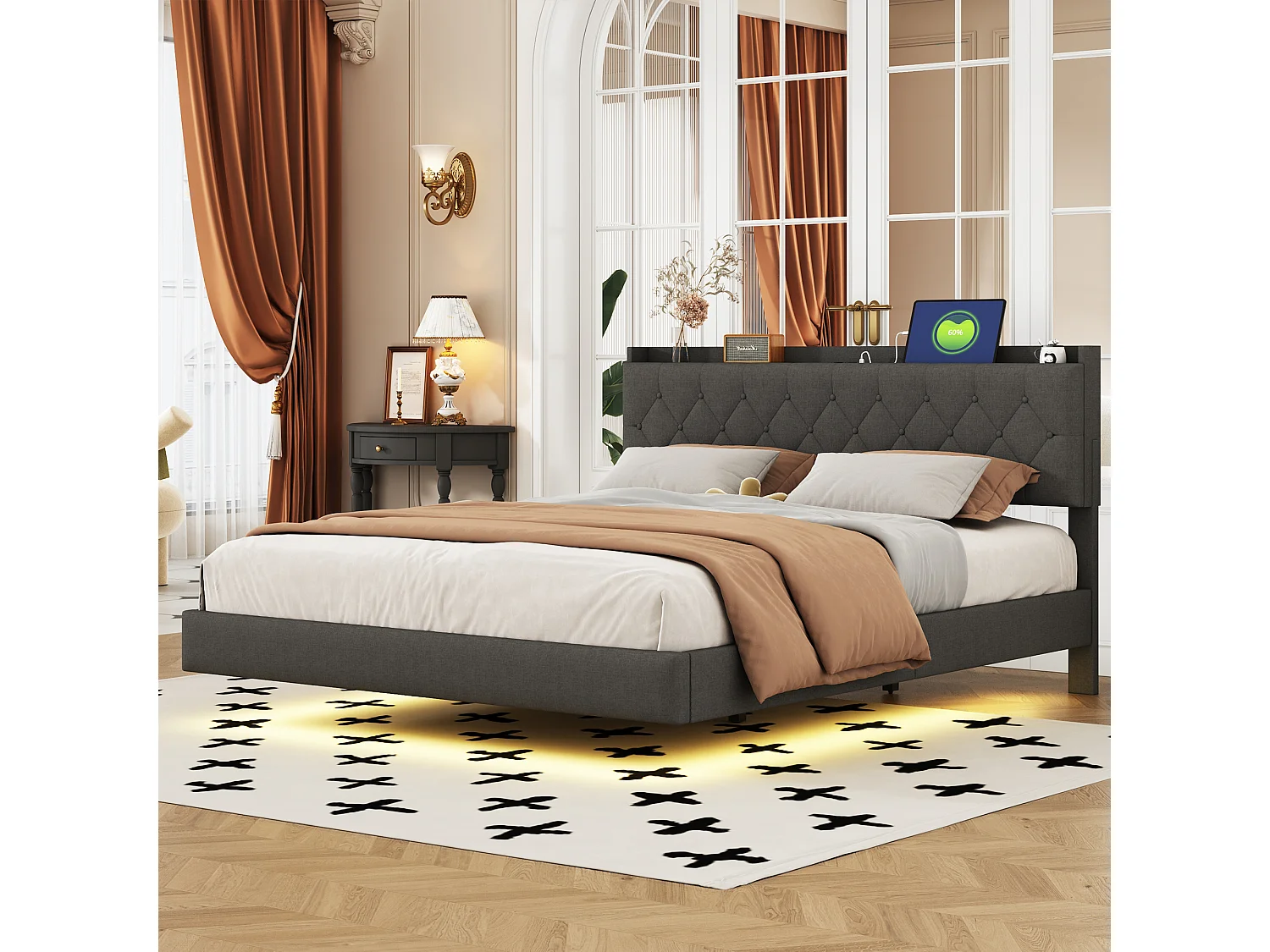 Gestoffeerd bed 160 x 200 cm met hoofdeinde - USB-aansluiting en LED's - Linnenstof - Grijs (zonder matras)