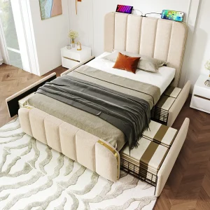 Gestoffeerd bed 90 x 200 cm met 4 lades en hoofdeinde – USB Type-C stopcontact – linnen stof – beige (zonder matras)