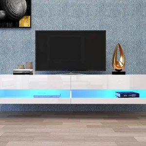 Hangend TV-meubel met 2 nissen – LED's – 140x40x30,5 cm – MDF hout – Glanzend wit Hangend TV-meubel met 2 nissen – LED's – 140x40x30,5 cm – MDF hout – Glanzend wit