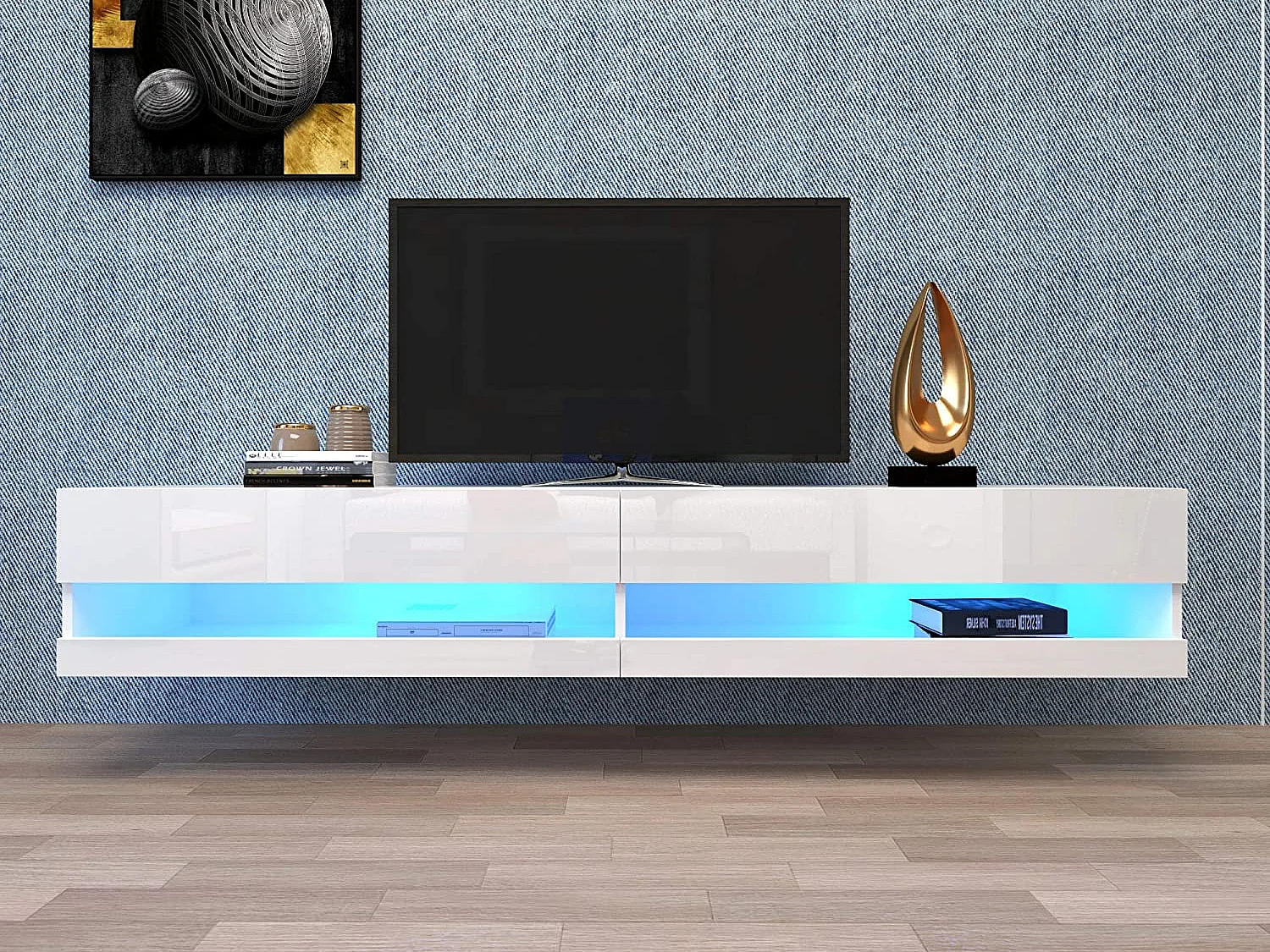 Hangend TV-meubel met 2 nissen - LED's - 140x40x30,5 cm - MDF hout - Glanzend wit