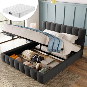 Gestoffeerd tweepersoonsbed met opbergruimte – 140 x 200 cm – met verstelbaar hoofdeinde + metalen lattenbodem – linnen – grijs (met matras)