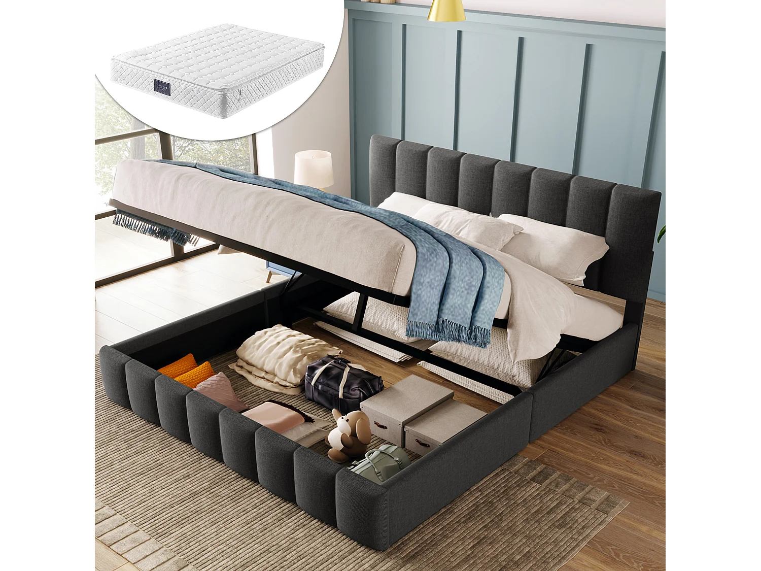 Gestoffeerd tweepersoonsbed met opbergruimte - 140 x 200 cm - met verstelbaar hoofdeinde + metalen lattenbodem - linnen - grijs (met matras)