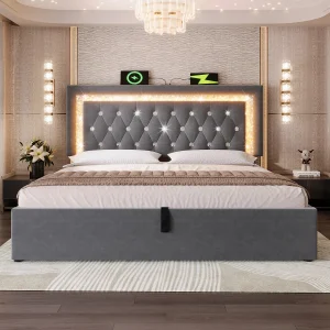 Gestoffeerd tweepersoonsbed met opbergruimte – 160 x 200 cm – hoofdeinde met LED's + USB- en Type-C-poorten – hydraulische opbergruimte – fluweel – grijs Gestoffeerd tweepersoonsbed met opbergruimte – 160 x 200 cm – hoofdeinde met LED's + USB- en Type-C-poorten – hydraulische opbergruimte – fluweel – grijs
