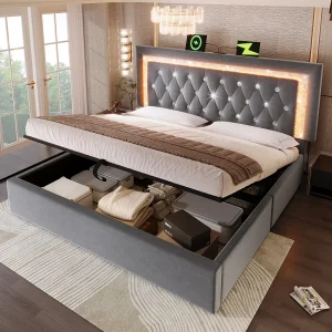 Gestoffeerd tweepersoonsbed met opbergruimte – 140 x 200 cm – hoofdeinde met LED's + USB- en Type-C-poorten – hydraulische opbergruimte – fluweel – grijs Gestoffeerd tweepersoonsbed met opbergruimte – 140 x 200 cm – hoofdeinde met LED's + USB- en Type-C-poorten – hydraulische opbergruimte – fluweel – grijs