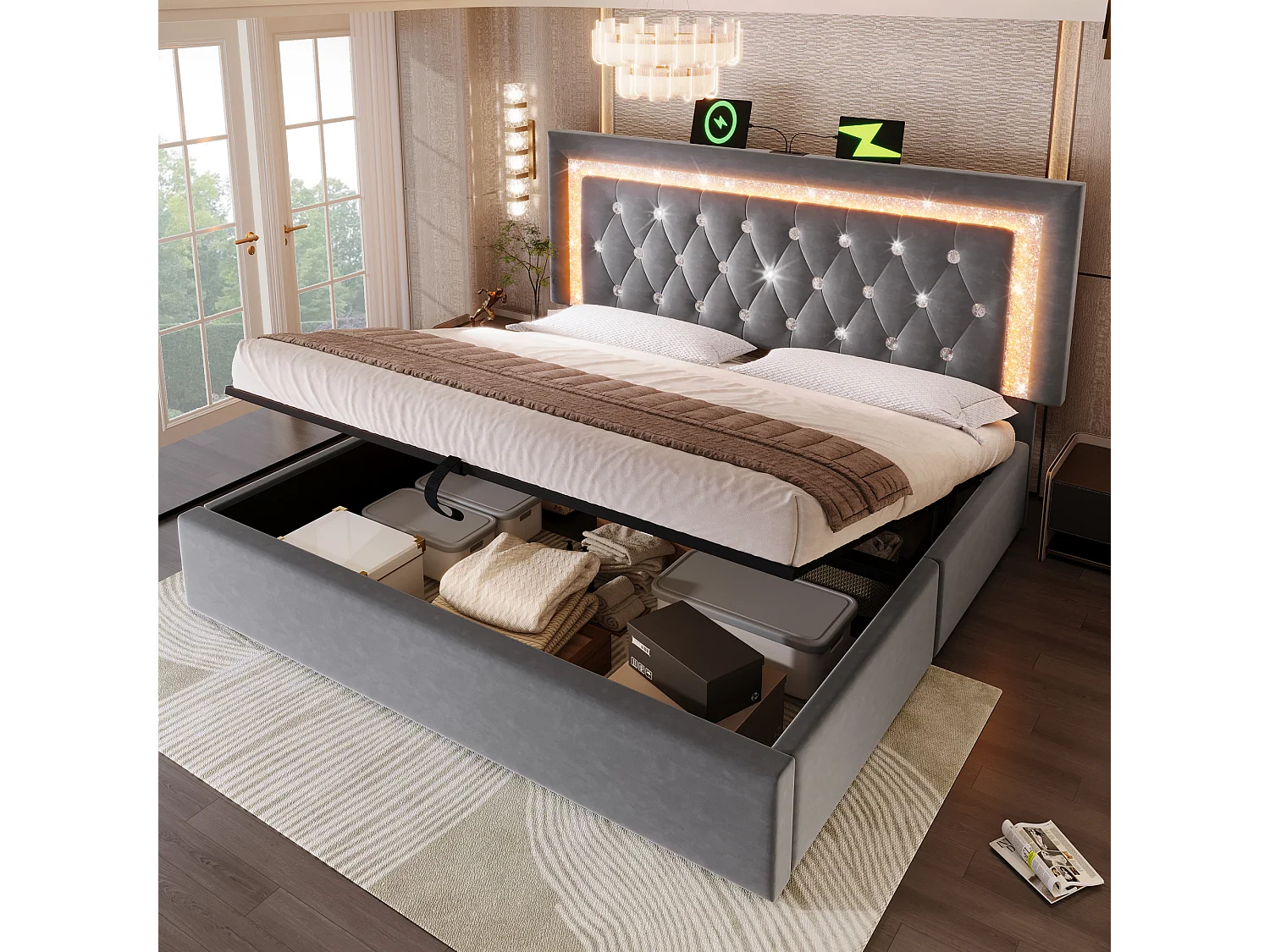 Gestoffeerd tweepersoonsbed met opbergruimte - 140 x 200 cm - hoofdeinde met LED's + USB- en Type-C-poorten - hydraulische opbergruimte - fluweel - grijs