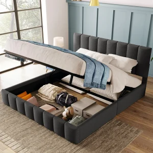 Gestoffeerd tweepersoonsbed met opbergruimte – 140 x 200 cm – met verstelbaar hoofdeinde + metalen lattenbodem – linnen – grijs