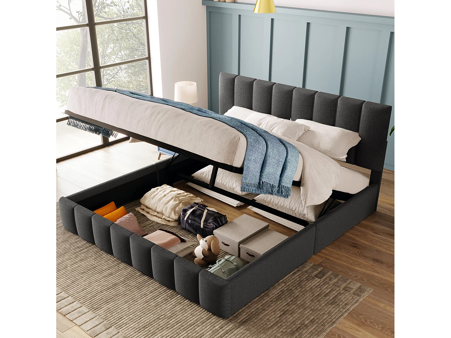 Gestoffeerd tweepersoonsbed met opbergruimte - 140 x 200 cm - met verstelbaar hoofdeinde + metalen lattenbodem - linnen - grijs