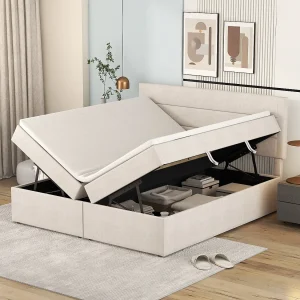 Gestoffeerd opbergbed – 140 x 200 cm – aan beide zijden te openen – hout + MDF + linnen – beige Gestoffeerd opbergbed – 140 x 200 cm – aan beide zijden te openen – hout + MDF + linnen – beige
