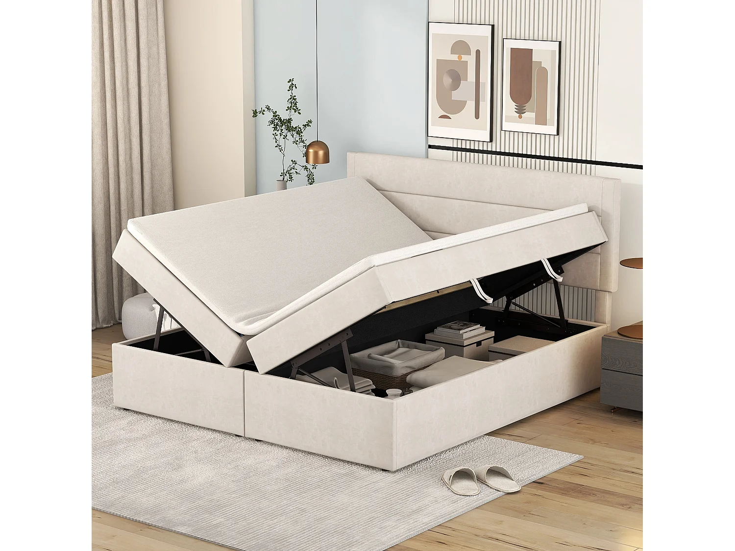 Gestoffeerd opbergbed - 140 x 200 cm - aan beide zijden te openen - hout + MDF + linnen - beige