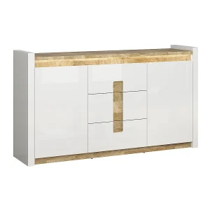 Helios 2-deurs dressoir met 3 laden en LED, wit gelakt en hout