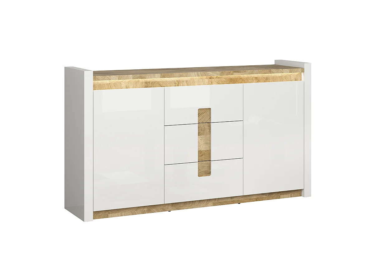 Helios 2-deurs dressoir met 3 laden en LED, wit gelakt en hout