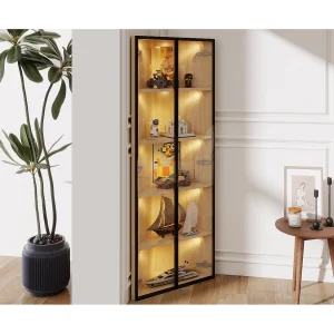 Hoek-LED-vitrine 62x35x160 cm met 2 glazen deuren – Houtkleur Hoek-LED-vitrine 62x35x160 cm met 2 glazen deuren – Houtkleur