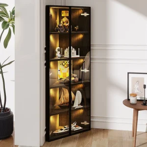 Hoek-LED-vitrine 62x35x160 cm met 2 glazen deuren – Zwart Hoek-LED-vitrine 62x35x160 cm met 2 glazen deuren – Zwart