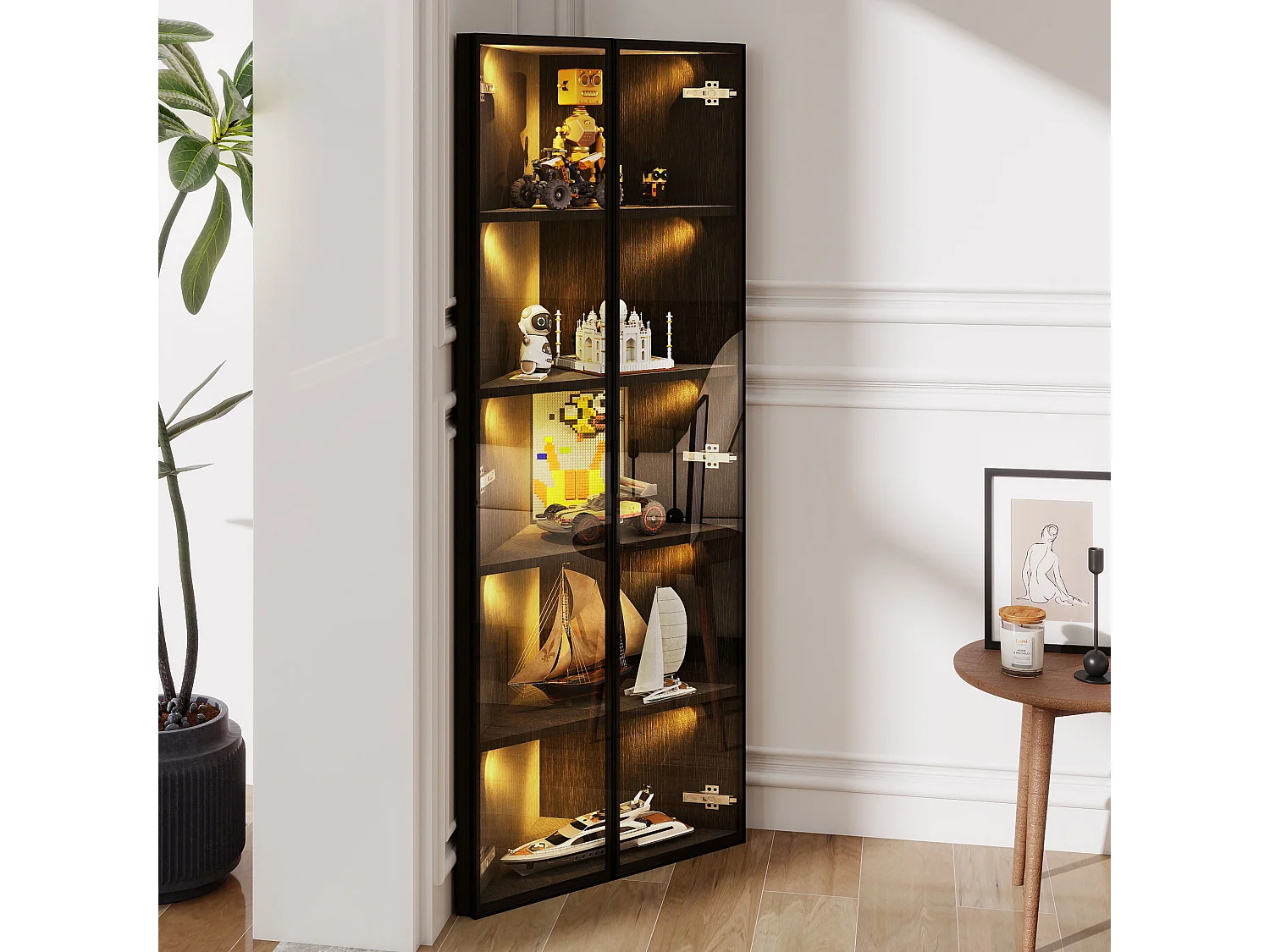 Hoek-LED-vitrine 62x35x160 cm met 2 glazen deuren - Zwart