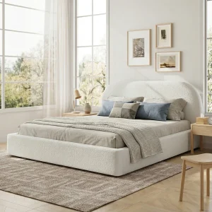 Gestoffeerd tweepersoonsbed – 180 x 200 cm – met lattenbodem + hoofdbord – lusstof – beige Gestoffeerd tweepersoonsbed – 180 x 200 cm – met lattenbodem + hoofdbord – lusstof – beige