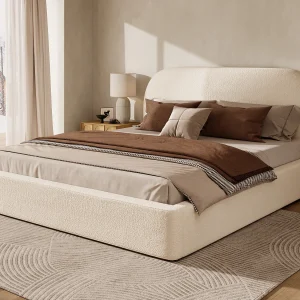 Gestoffeerd tweepersoonsbed 180×200 cm – met lattenbodem – bouclé stof – Beige (zonder matras) Gestoffeerd tweepersoonsbed 180×200 cm – met lattenbodem – bouclé stof – Beige (zonder matras)