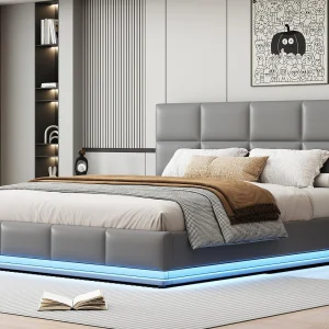 Gestoffeerd opbergbed 180×200 cm met LED verlichting – in kunstleer – Lichtgrijs Gestoffeerd opbergbed 180×200 cm met LED verlichting – in kunstleer – Lichtgrijs