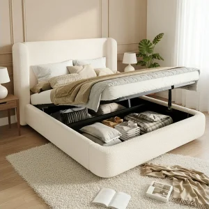 Gestoffeerd tweepersoonsbed met opbergruimte – 180 x 200 cm – met hydraulische opbergruimte + hoofdeinde – lusvormige bekleding – beige