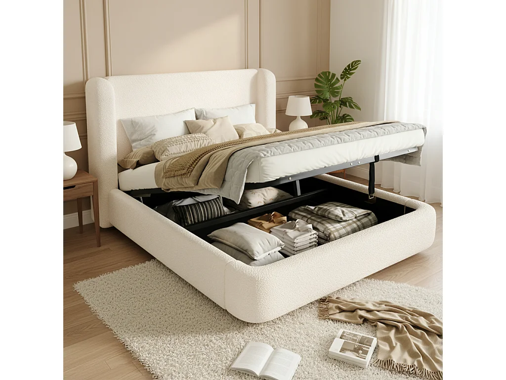 Gestoffeerd tweepersoonsbed met opbergruimte - 180 x 200 cm - met hydraulische opbergruimte + hoofdeinde - lusvormige bekleding - beige