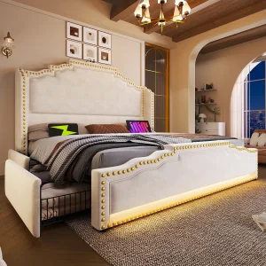 Gestoffeerd tweepersoonsbed met opbergruimte – 180 x 200 cm – met LED-verlichting + USB-C + 4 lades – fluweel – beige