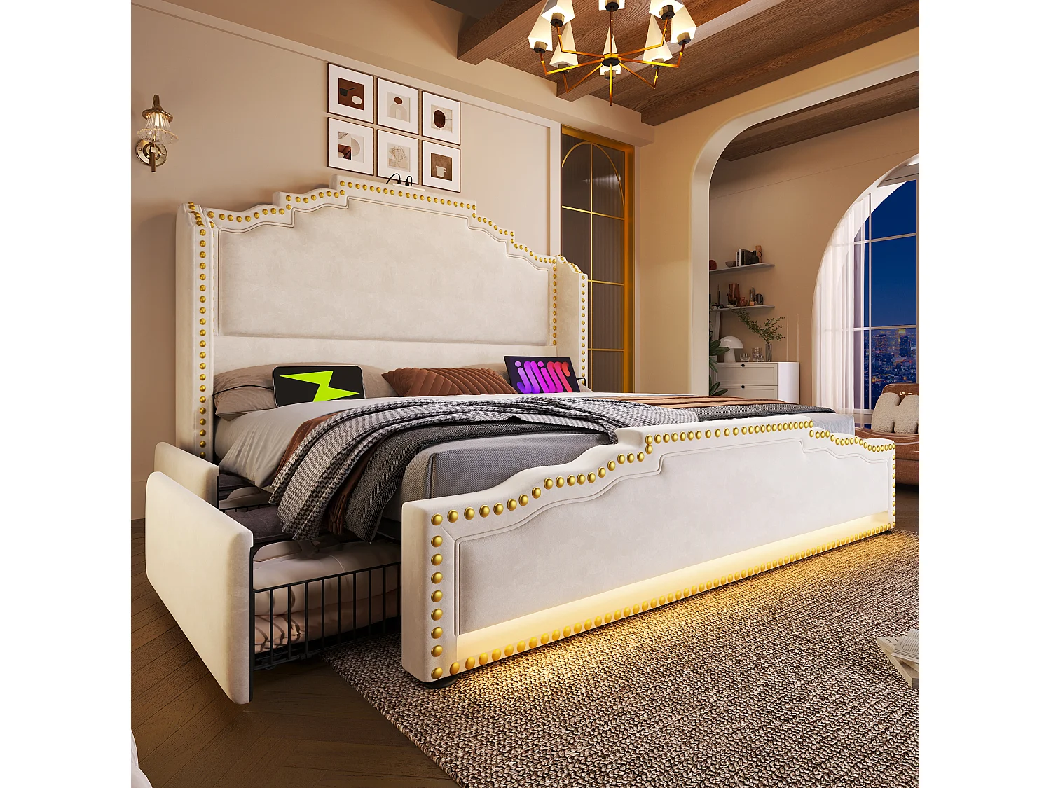 Gestoffeerd tweepersoonsbed met opbergruimte - 180 x 200 cm - met LED-verlichting + USB-C + 4 lades - fluweel - beige
