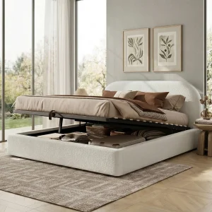 Gestoffeerd tweepersoonsbed met opbergruimte – 160 x 200 cm – met lattenbodem + hoofdbord – lusstof – beige Gestoffeerd tweepersoonsbed met opbergruimte – 160 x 200 cm – met lattenbodem + hoofdbord – lusstof – beige