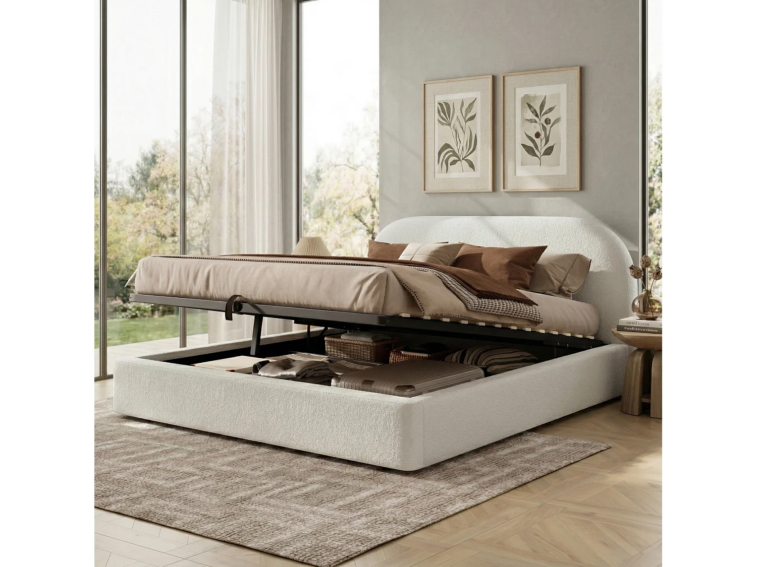 Gestoffeerd tweepersoonsbed met opbergruimte - 160 x 200 cm - met lattenbodem + hoofdbord - lusstof - beige