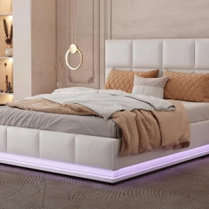 Gestoffeerd opbergbed 140×200 cm met LED verlichting – in kunstleer – Wit Gestoffeerd opbergbed 140×200 cm met LED verlichting – in kunstleer – Wit