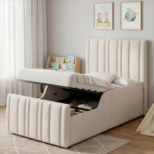Gestoffeerd opbergbed – 90 x 200 cm – met hydraulische opbergruimte + hoofdbord – linnen – beige Gestoffeerd opbergbed – 90 x 200 cm – met hydraulische opbergruimte + hoofdbord – linnen – beige