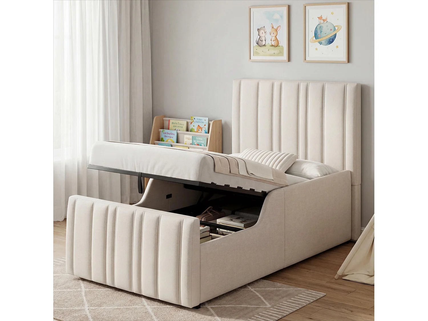 Gestoffeerd opbergbed - 90 x 200 cm - met hydraulische opbergruimte + hoofdbord - linnen - beige