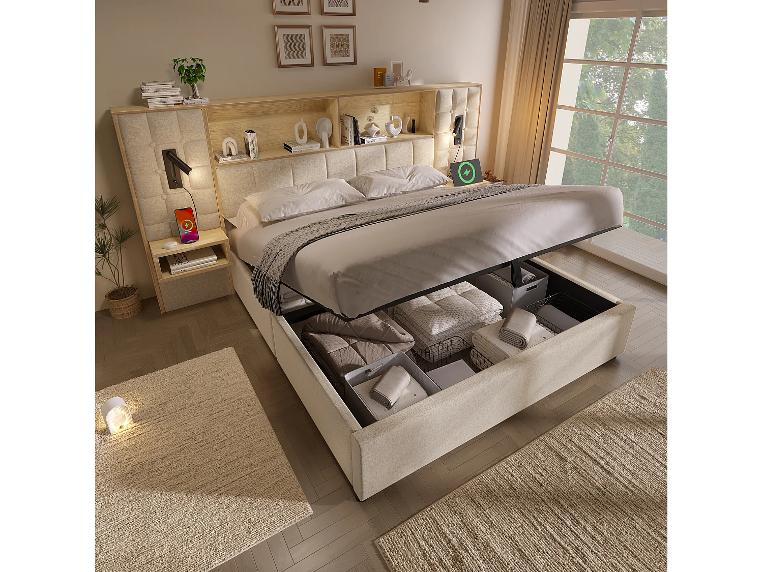 Gestoffeerd opbergbed - 160 x 200 cm - met LED-verlichting + 2 leeslampjes + 2 nachtkastjes + opberghoofdbord - linnen - beige